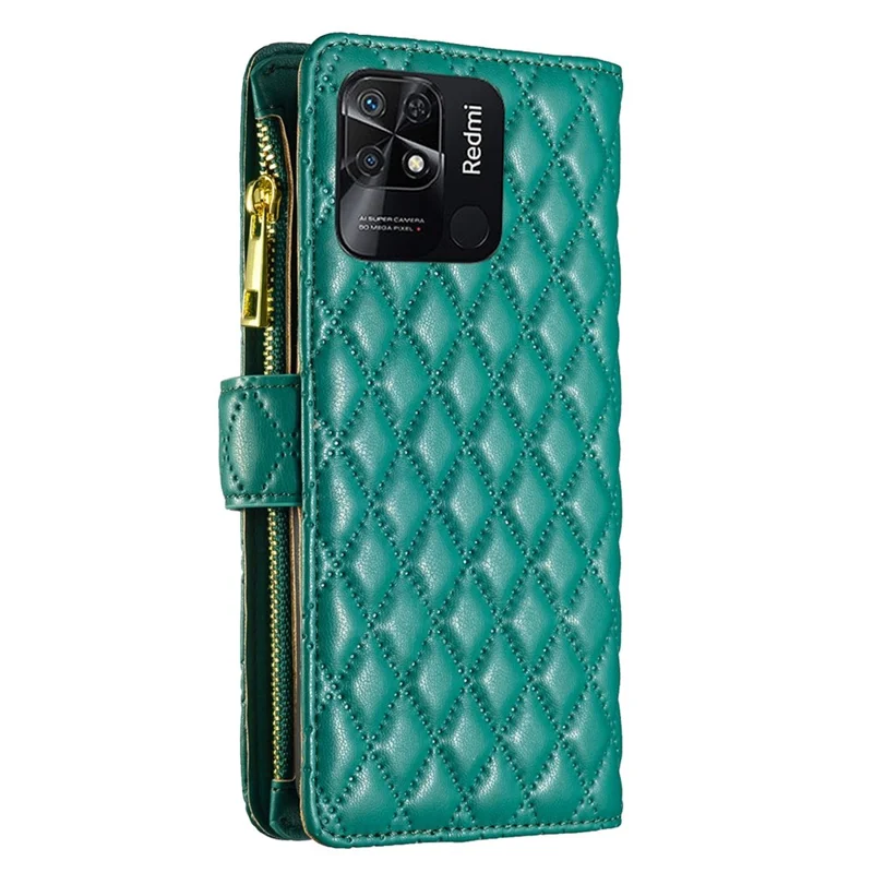 BINFEN COLOR BF Style-15 for Xiaomi Redmi 10C 4G Zipper Pocket Design Imprinted Rhombus Pattern Cover Matte Anti-wear PU Leather Full Protection Phone Case with Stand Wallet - Green