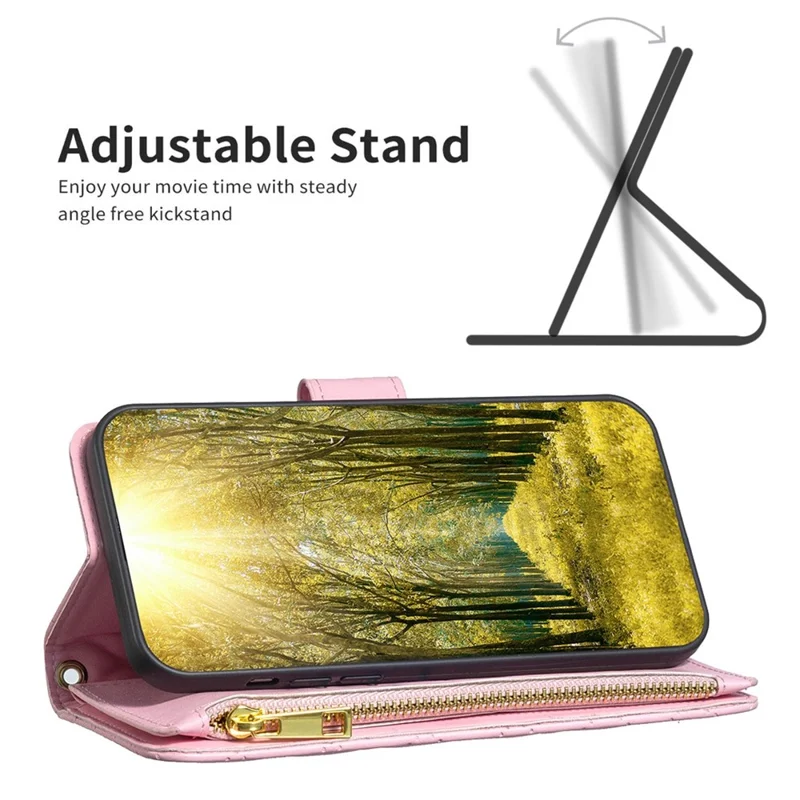 BINFEN COLOR BF Style-15 for Xiaomi Redmi 10C 4G Zipper Pocket Design Imprinted Rhombus Pattern Cover Matte Anti-wear PU Leather Full Protection Phone Case with Stand Wallet - Pink