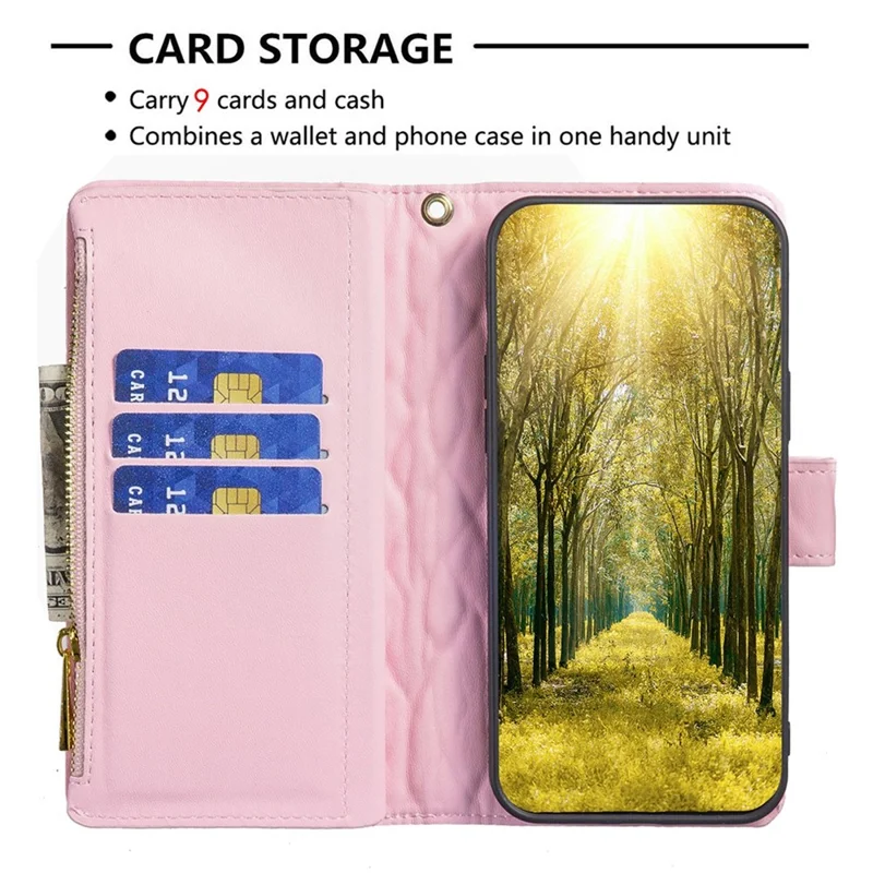 BINFEN COLOR BF Style-15 for Xiaomi Redmi 10C 4G Zipper Pocket Design Imprinted Rhombus Pattern Cover Matte Anti-wear PU Leather Full Protection Phone Case with Stand Wallet - Pink