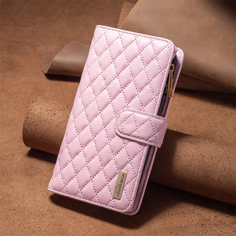 BINFEN COLOR BF Style-15 for Xiaomi Redmi 10C 4G Zipper Pocket Design Imprinted Rhombus Pattern Cover Matte Anti-wear PU Leather Full Protection Phone Case with Stand Wallet - Pink
