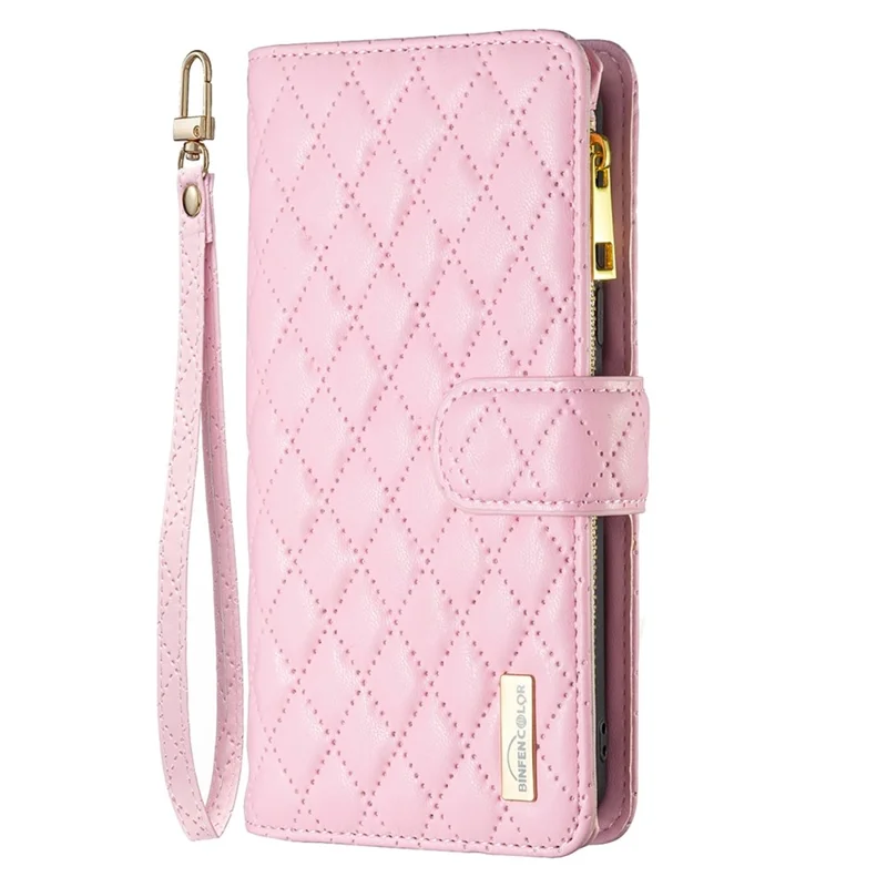 BINFEN COLOR BF Style-15 for Xiaomi Redmi 10C 4G Zipper Pocket Design Imprinted Rhombus Pattern Cover Matte Anti-wear PU Leather Full Protection Phone Case with Stand Wallet - Pink