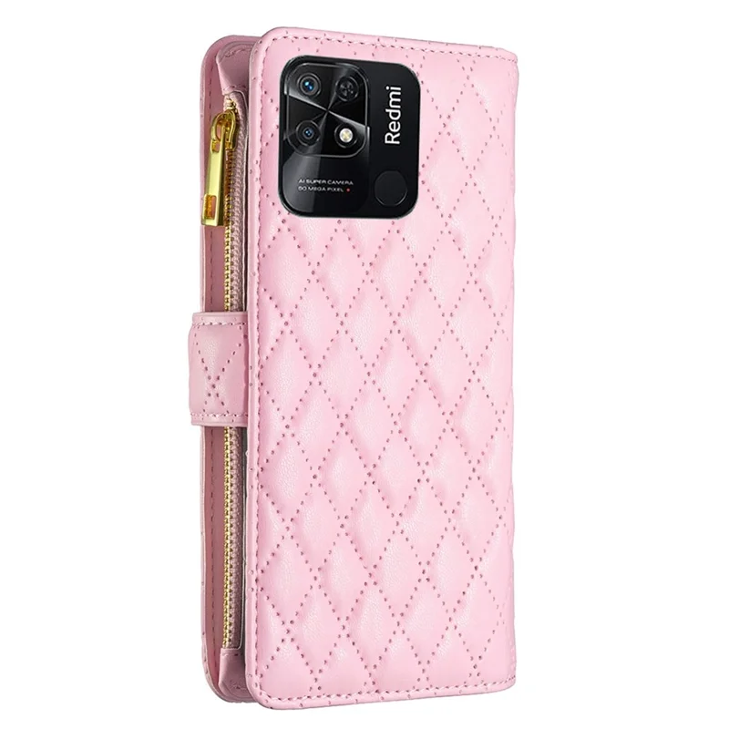 BINFEN COLOR BF Style-15 for Xiaomi Redmi 10C 4G Zipper Pocket Design Imprinted Rhombus Pattern Cover Matte Anti-wear PU Leather Full Protection Phone Case with Stand Wallet - Pink