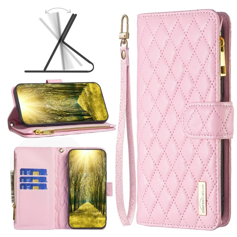 BINFEN COLOR BF Style-15 for Xiaomi Redmi 10C 4G Zipper Pocket Design Imprinted Rhombus Pattern Cover Matte Anti-wear PU Leather Full Protection Phone Case with Stand Wallet - Pink