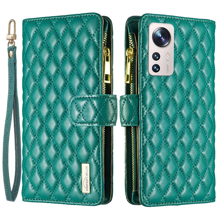 BINFEN COLOR BF Style-15 for Xiaomi 12 Lite 5G Imprinted Rhombus Pattern Zipper Pocket Design Cover Well-protected Anti-drop Matte PU Leather Phone Case with Stand Wallet - Green