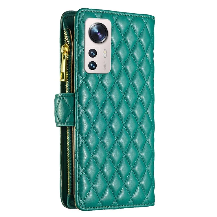 BINFEN COLOR BF Style-15 for Xiaomi 12 Lite 5G Imprinted Rhombus Pattern Zipper Pocket Design Cover Well-protected Anti-drop Matte PU Leather Phone Case with Stand Wallet - Green
