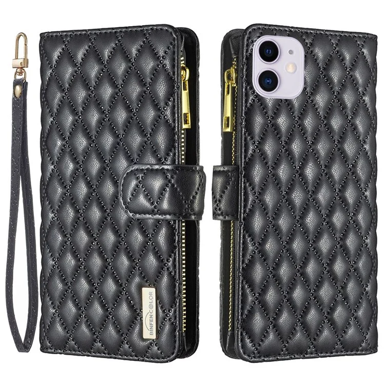 BINFEN COLOR BF Style-15 für iPhone 11 6.1 Zoll Geprägtes Rautenmuster Reißverschlusstaschen-Design Cover Stand-Funktion Folio Flip Matte PU-Leder Handyhülle mit Brieftasche - Schwarz