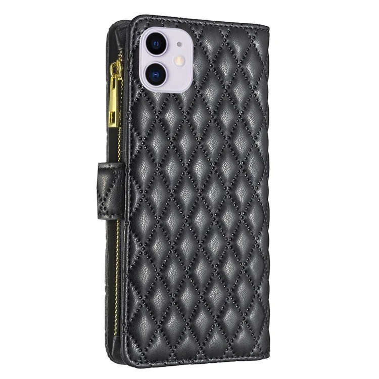 BINFEN COLOR BF Style-15 für iPhone 11 6.1 Zoll Geprägtes Rautenmuster Reißverschlusstaschen-Design Cover Stand-Funktion Folio Flip Matte PU-Leder Handyhülle mit Brieftasche - Schwarz