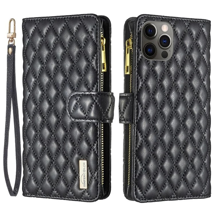 BINFEN COLOR BF Style-15 Cellphone Shell for iPhone 12 / 12 Pro 6.1 inch, Imprinted Rhombus Pattern Case with Zipper Pocket Stand Matte PU Leather Wallet Cover - Black