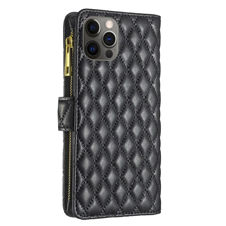 BINFEN COLOR BF Style-15 Cellphone Shell for iPhone 12 / 12 Pro 6.1 inch, Imprinted Rhombus Pattern Case with Zipper Pocket Stand Matte PU Leather Wallet Cover - Black
