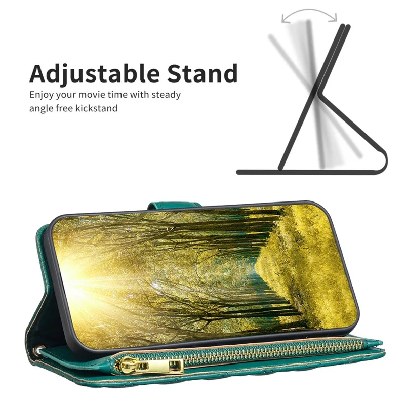 BINFEN COLOR BF Style-15 Cellphone Shell for iPhone 12 / 12 Pro 6.1 inch, Imprinted Rhombus Pattern Case with Zipper Pocket Stand Matte PU Leather Wallet Cover - Green