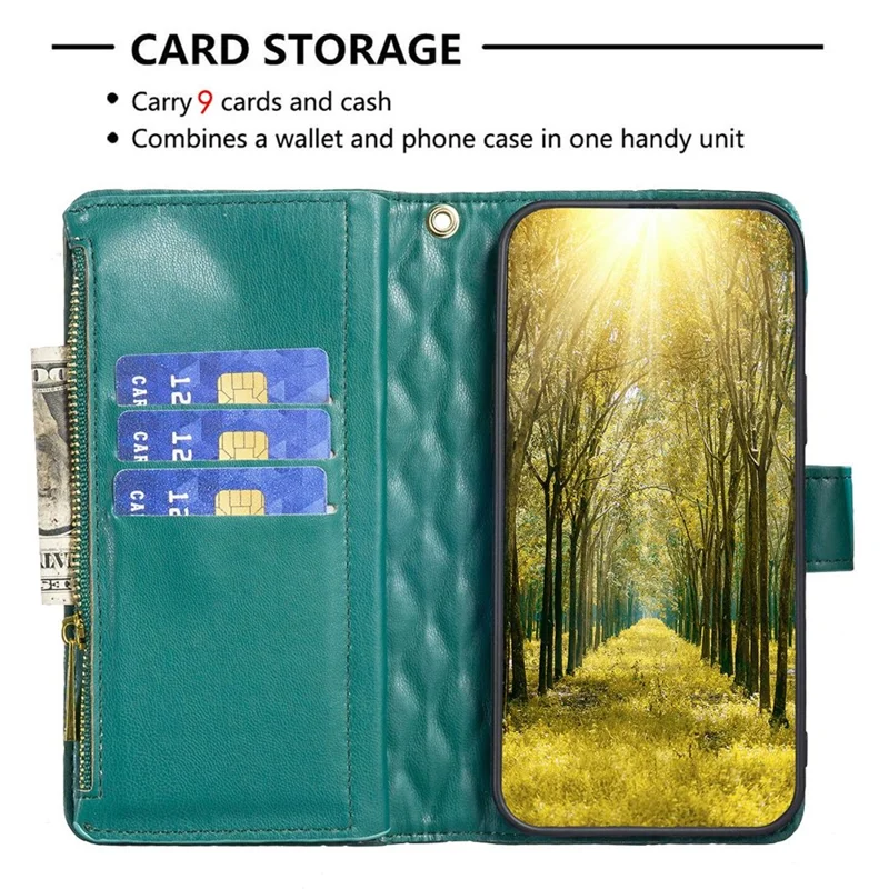 BINFEN COLOR BF Style-15 Cellphone Shell for iPhone 12 / 12 Pro 6.1 inch, Imprinted Rhombus Pattern Case with Zipper Pocket Stand Matte PU Leather Wallet Cover - Green