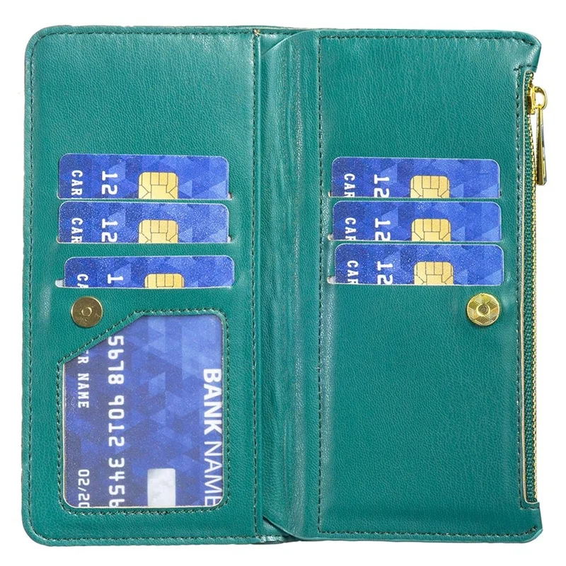 BINFEN COLOR BF Style-15 Cellphone Shell for iPhone 12 / 12 Pro 6.1 inch, Imprinted Rhombus Pattern Case with Zipper Pocket Stand Matte PU Leather Wallet Cover - Green