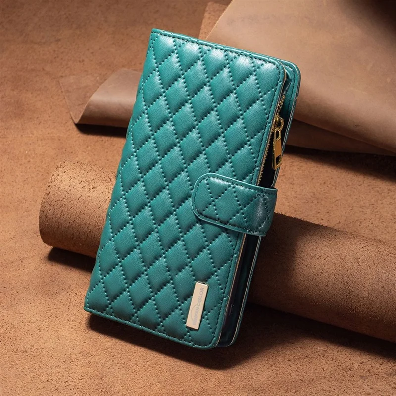 BINFEN COLOR BF Style-15 Cellphone Shell for iPhone 12 / 12 Pro 6.1 inch, Imprinted Rhombus Pattern Case with Zipper Pocket Stand Matte PU Leather Wallet Cover - Green