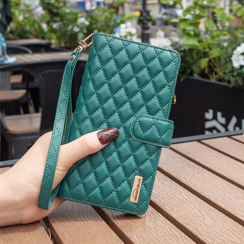 BINFEN COLOR BF Style-15 Cellphone Shell for iPhone 12 / 12 Pro 6.1 inch, Imprinted Rhombus Pattern Case with Zipper Pocket Stand Matte PU Leather Wallet Cover - Green