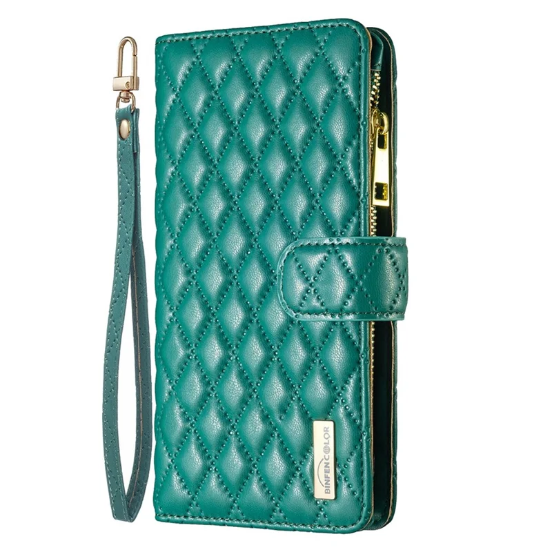 BINFEN COLOR BF Style-15 Cellphone Shell for iPhone 12 / 12 Pro 6.1 inch, Imprinted Rhombus Pattern Case with Zipper Pocket Stand Matte PU Leather Wallet Cover - Green