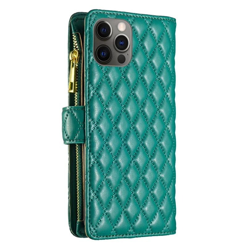 BINFEN COLOR BF Style-15 Cellphone Shell for iPhone 12 / 12 Pro 6.1 inch, Imprinted Rhombus Pattern Case with Zipper Pocket Stand Matte PU Leather Wallet Cover - Green