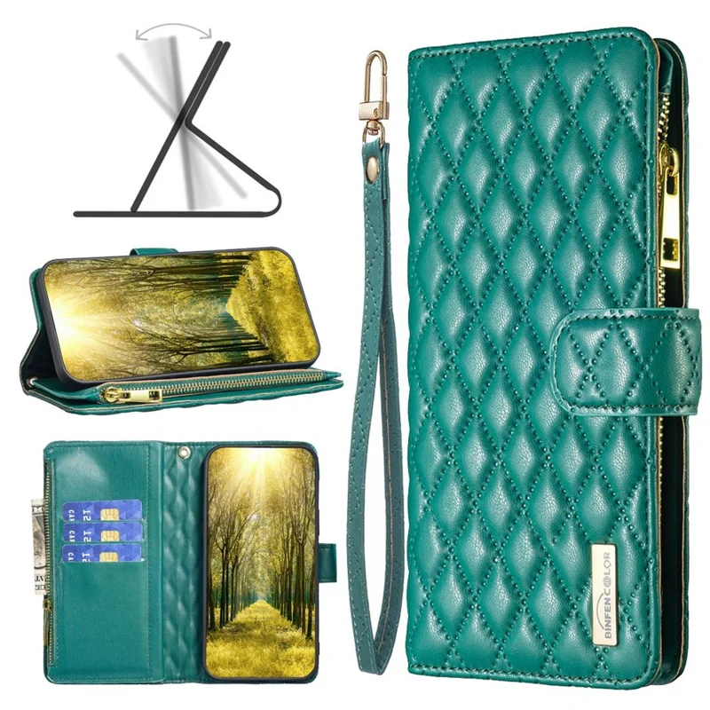 BINFEN COLOR BF Style-15 Cellphone Shell for iPhone 12 / 12 Pro 6.1 inch, Imprinted Rhombus Pattern Case with Zipper Pocket Stand Matte PU Leather Wallet Cover - Green