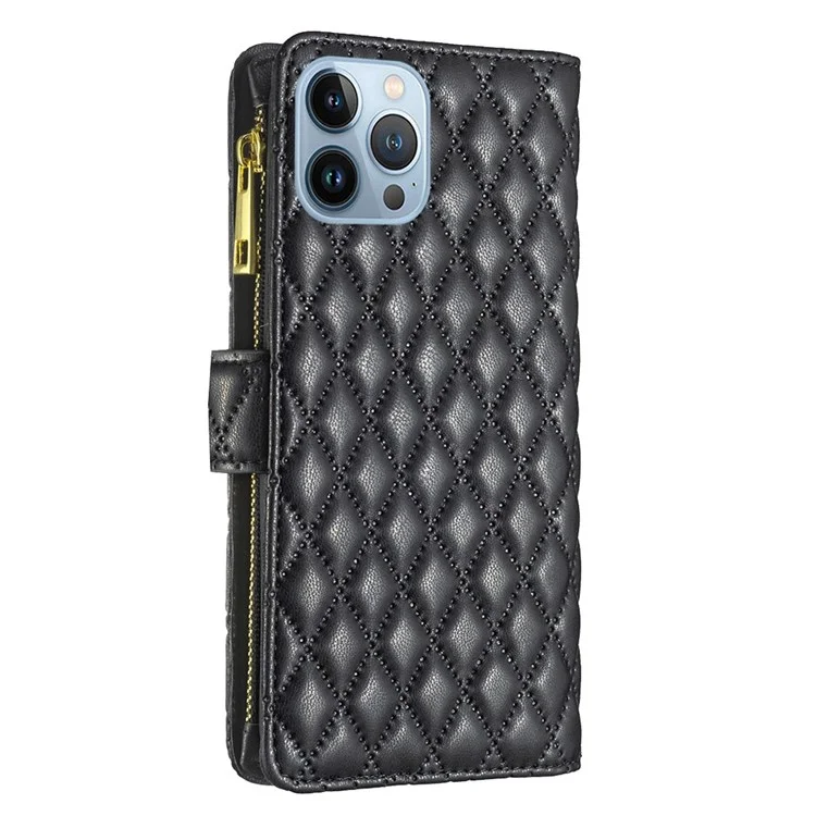 Color Binfen Para Iphone 13 Pro 6.1 Pulgadas BF Style-15 Cell Shell, Funra Anti-drop de Patrón de Rombo Impreso Con Soporte de Bolsillo Con Cremallera Cubierta de Billetera de Cuero Matte PU - Negro