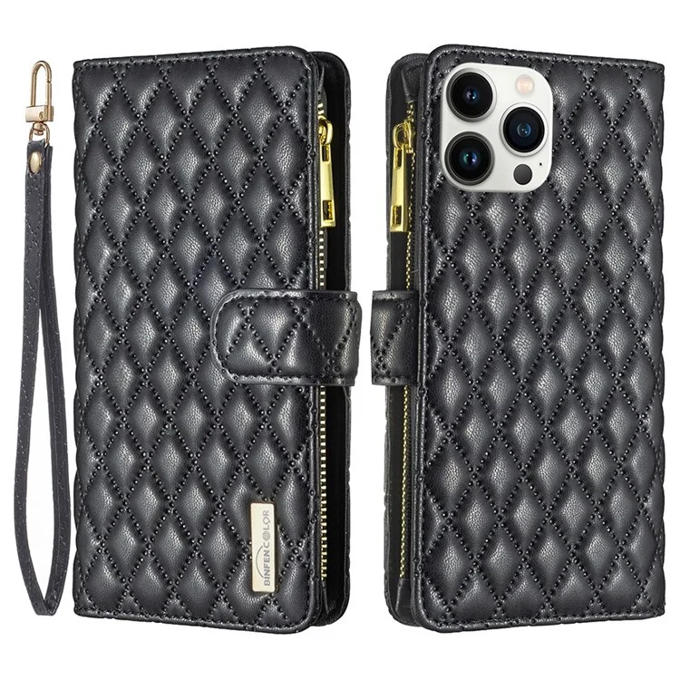BINFEN COLOR para iPhone 13 Pro Max 6.7 polegadas BF Style-15 Capa de Celular, Padrão de Rombos Impresso Caso à Prova de Choque em Toda a Volta com Bolso com Zíper, Suporte de Pé, Capa de Carteira de Couro PU Fosco - Preto