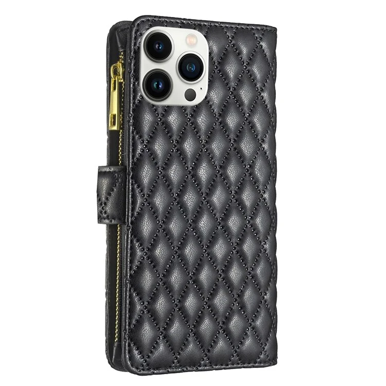 BINFEN COLOR para iPhone 13 Pro Max 6.7 polegadas BF Style-15 Capa de Celular, Padrão de Rombos Impresso Caso à Prova de Choque em Toda a Volta com Bolso com Zíper, Suporte de Pé, Capa de Carteira de Couro PU Fosco - Preto