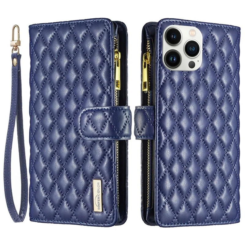 BINFEN COLOR for iPhone 13 Pro Max 6.7 inch BF Style-15 Cellphone Shell, Imprinted Rhombus Pattern All-round Shockproof Case with Zipper Pocket Stand Matte PU Leather Wallet Cover - Blue