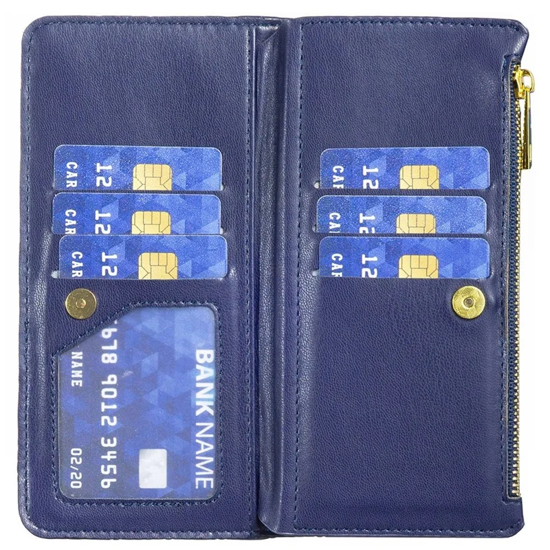 BINFEN COLOR for iPhone 13 Pro Max 6.7 inch BF Style-15 Cellphone Shell, Imprinted Rhombus Pattern All-round Shockproof Case with Zipper Pocket Stand Matte PU Leather Wallet Cover - Blue