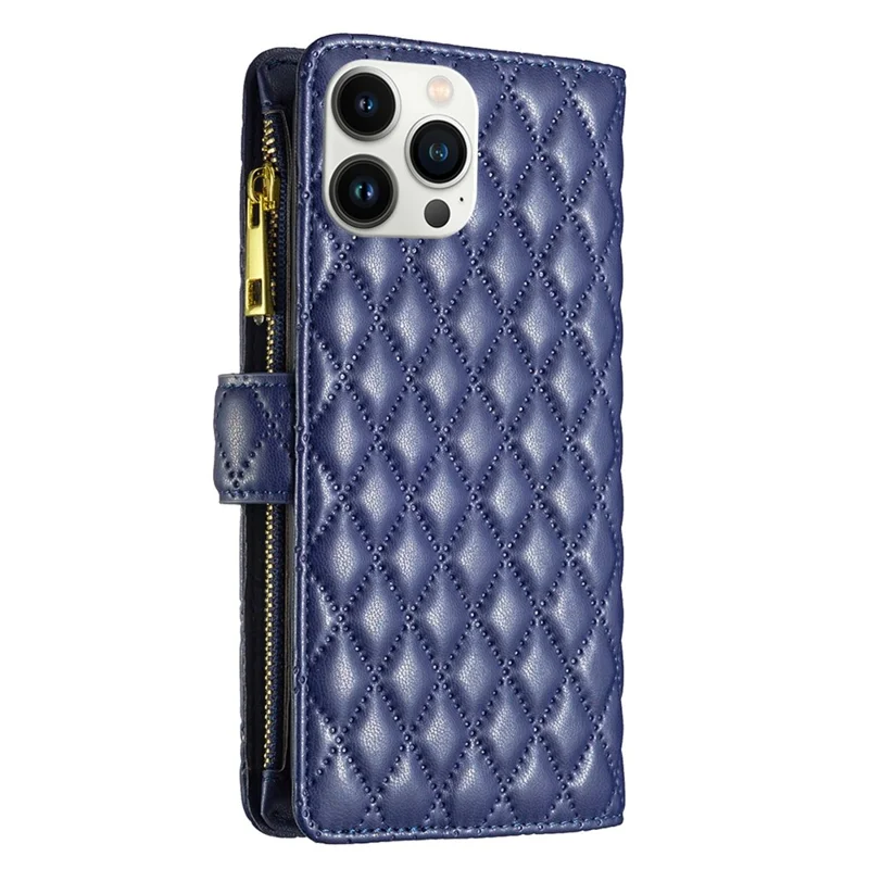BINFEN COLOR for iPhone 13 Pro Max 6.7 inch BF Style-15 Cellphone Shell, Imprinted Rhombus Pattern All-round Shockproof Case with Zipper Pocket Stand Matte PU Leather Wallet Cover - Blue