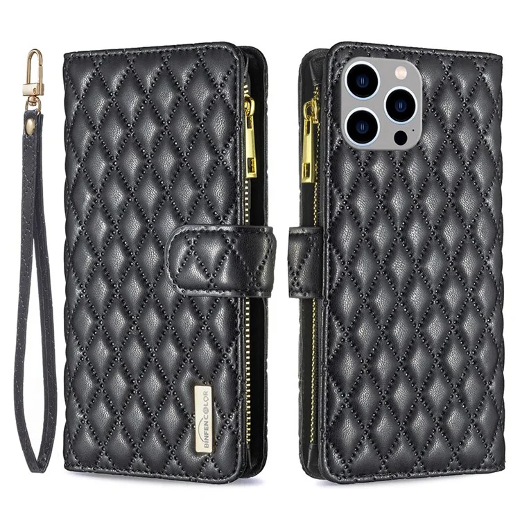 BINFEN COLOR for iPhone 14 Pro Max 6.7 inch BF Style-15 Zipper Pocket Imprinted Rhombus Pattern Case Flip Stand Matte Shockproof PU Leather Wallet Cover - Black