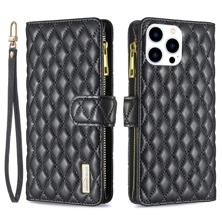 BINFEN COLOR für iPhone 14 Pro 6.1 Zoll BF Style-15 Reißverschlusstasche Geprägtes Rautenmuster Stoßfester Flip-Ständer Matte PU-Lederhülle - Schwarz