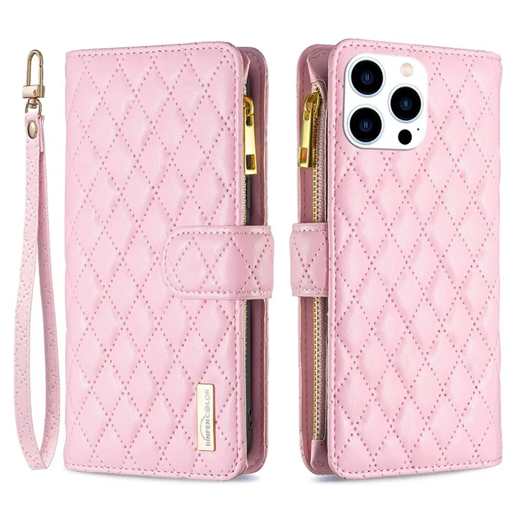 BINFEN COLOR pour iPhone 14 Pro 6.1 pouces BF Style-15 Étui à fermeture éclair imprimé en motif losange, résistant aux chutes, support pliable, en cuir de polyuréthane mat - Rose