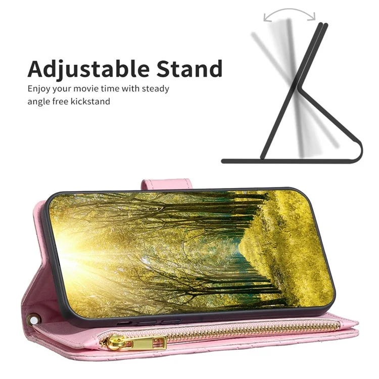 BINFEN COLOR pour iPhone 14 Pro 6.1 pouces BF Style-15 Étui à fermeture éclair imprimé en motif losange, résistant aux chutes, support pliable, en cuir de polyuréthane mat - Rose