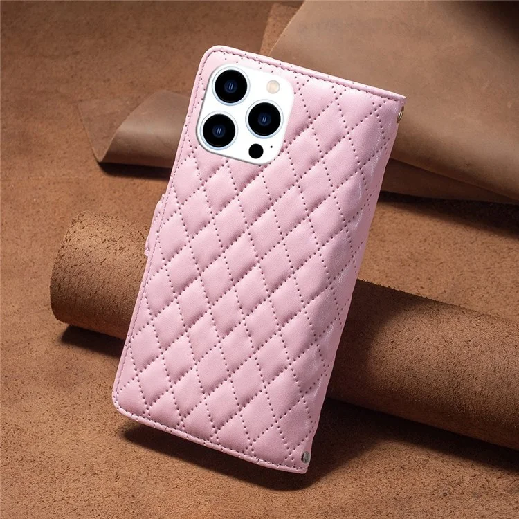 BINFEN COLOR pour iPhone 14 Pro 6.1 pouces BF Style-15 Étui à fermeture éclair imprimé en motif losange, résistant aux chutes, support pliable, en cuir de polyuréthane mat - Rose