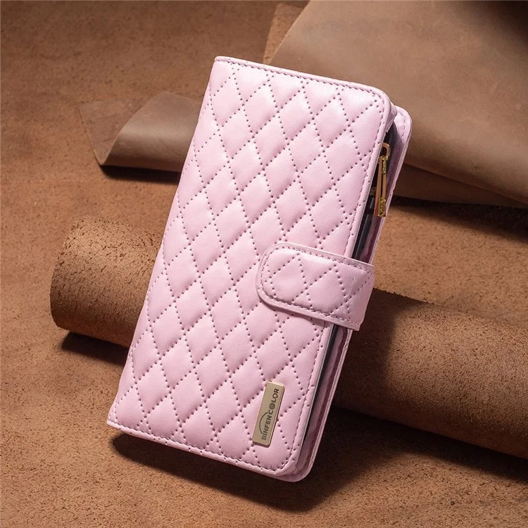 BINFEN COLOR pour iPhone 14 Pro 6.1 pouces BF Style-15 Étui à fermeture éclair imprimé en motif losange, résistant aux chutes, support pliable, en cuir de polyuréthane mat - Rose