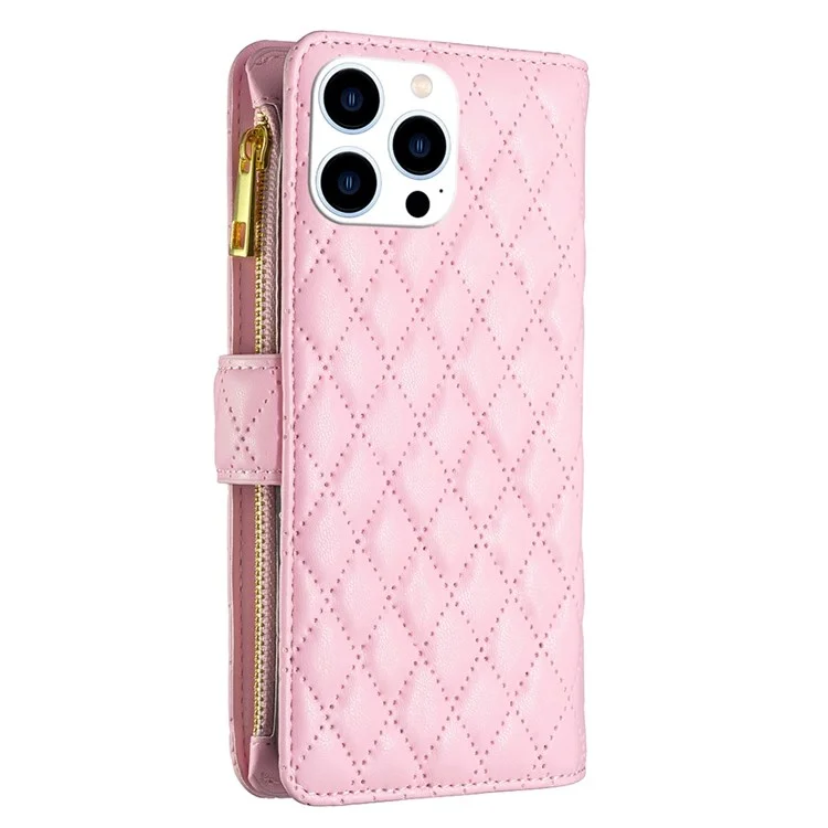 BINFEN COLOR pour iPhone 14 Pro 6.1 pouces BF Style-15 Étui à fermeture éclair imprimé en motif losange, résistant aux chutes, support pliable, en cuir de polyuréthane mat - Rose