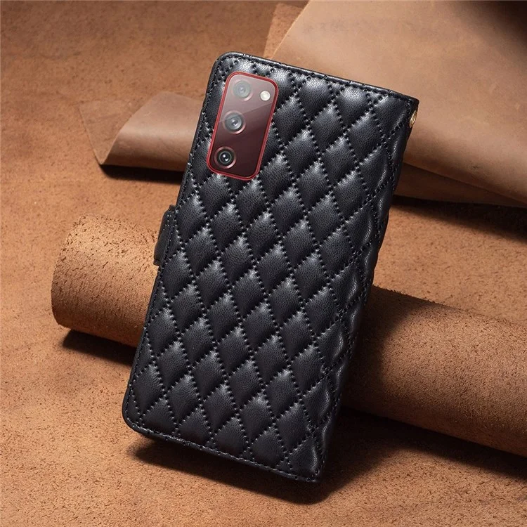 BINFEN COLOR für Samsung Galaxy S20 FE 4G / FE 5G / S20 Lite / S20 FE 2022 BF Style-15 Gut geschützte Geprägte Rhombus-Muster-Tasche mit Reißverschlusstaschen, Ständer, matter PU-Leder-Geldbeutel-Abdeckung - Schwarz