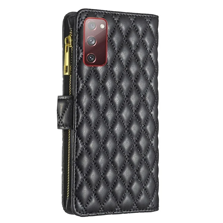 BINFEN COLOR für Samsung Galaxy S20 FE 4G / FE 5G / S20 Lite / S20 FE 2022 BF Style-15 Gut geschützte Geprägte Rhombus-Muster-Tasche mit Reißverschlusstaschen, Ständer, matter PU-Leder-Geldbeutel-Abdeckung - Schwarz