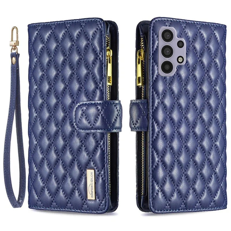 BINFEN COLOR for Samsung Galaxy A32 5G / M32 5G BF Style-15 Imprinted Rhombus Pattern Protective Case with Zipper Pocket Stand Matte PU Leather+TPU Wallet Cover - Blue
