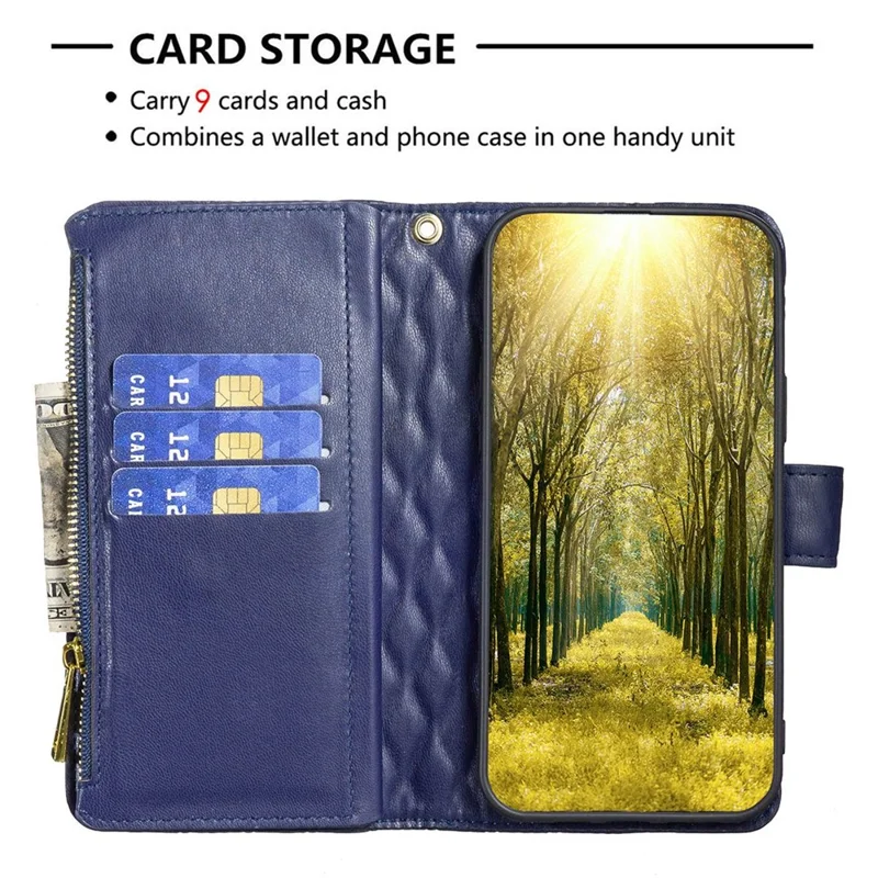 BINFEN COLOR for Samsung Galaxy A32 5G / M32 5G BF Style-15 Imprinted Rhombus Pattern Protective Case with Zipper Pocket Stand Matte PU Leather+TPU Wallet Cover - Blue