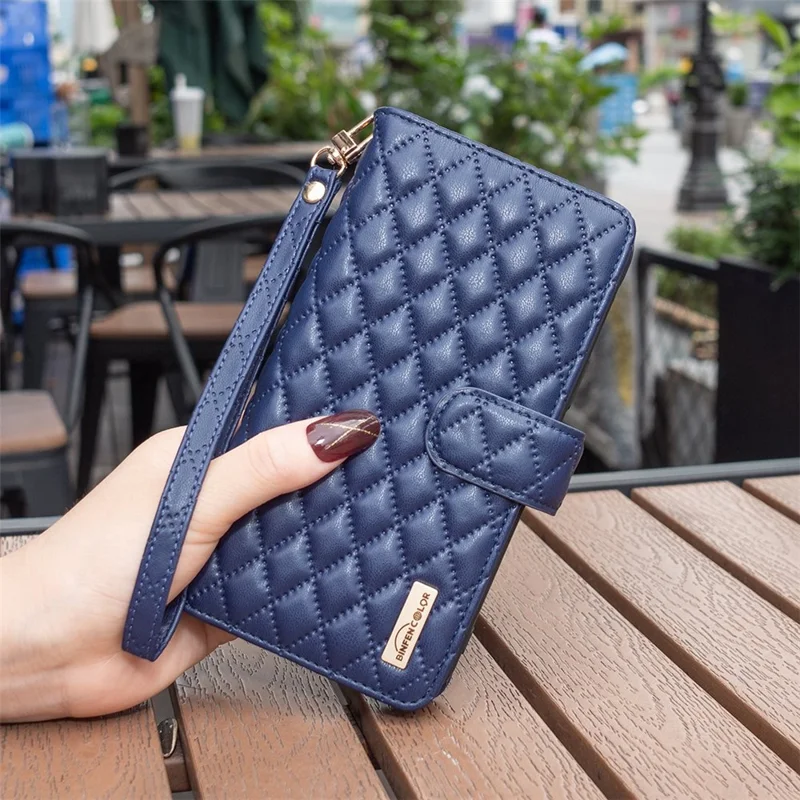 BINFEN COLOR for Samsung Galaxy A32 5G / M32 5G BF Style-15 Imprinted Rhombus Pattern Protective Case with Zipper Pocket Stand Matte PU Leather+TPU Wallet Cover - Blue