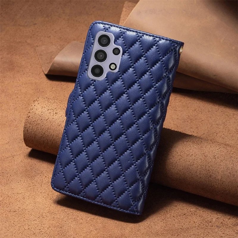 BINFEN COLOR for Samsung Galaxy A32 5G / M32 5G BF Style-15 Imprinted Rhombus Pattern Protective Case with Zipper Pocket Stand Matte PU Leather+TPU Wallet Cover - Blue
