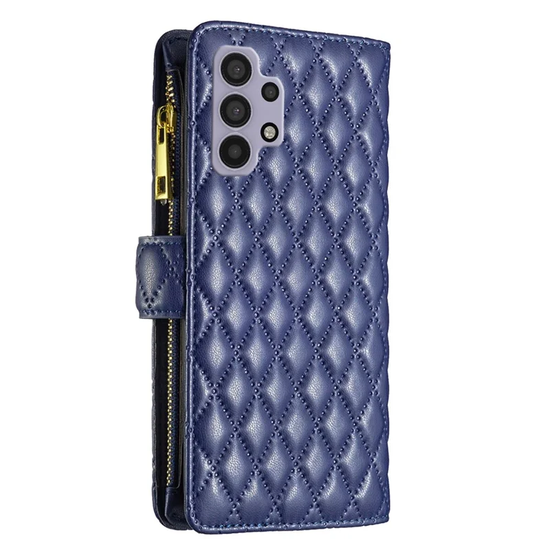 BINFEN COLOR for Samsung Galaxy A32 5G / M32 5G BF Style-15 Imprinted Rhombus Pattern Protective Case with Zipper Pocket Stand Matte PU Leather+TPU Wallet Cover - Blue