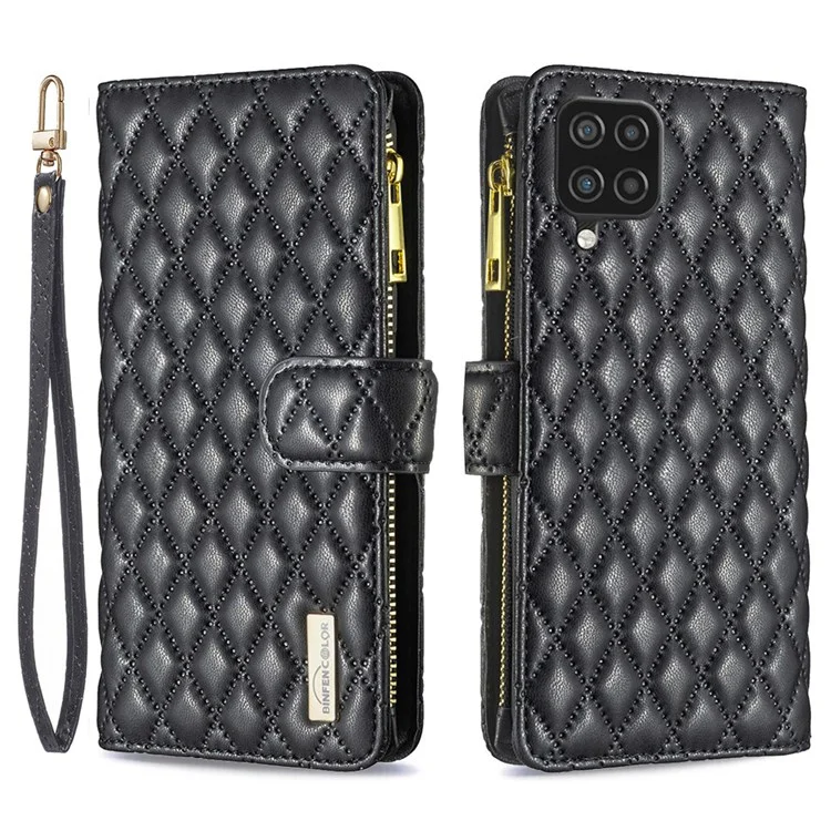 BINFEN COLOR for Samsung Galaxy A12 BF Style-15 Imprinted Rhombus Pattern Magnetic Clasp Protective Case with Zipper Pocket Stand Matte PU Leather Wallet Cover - Black