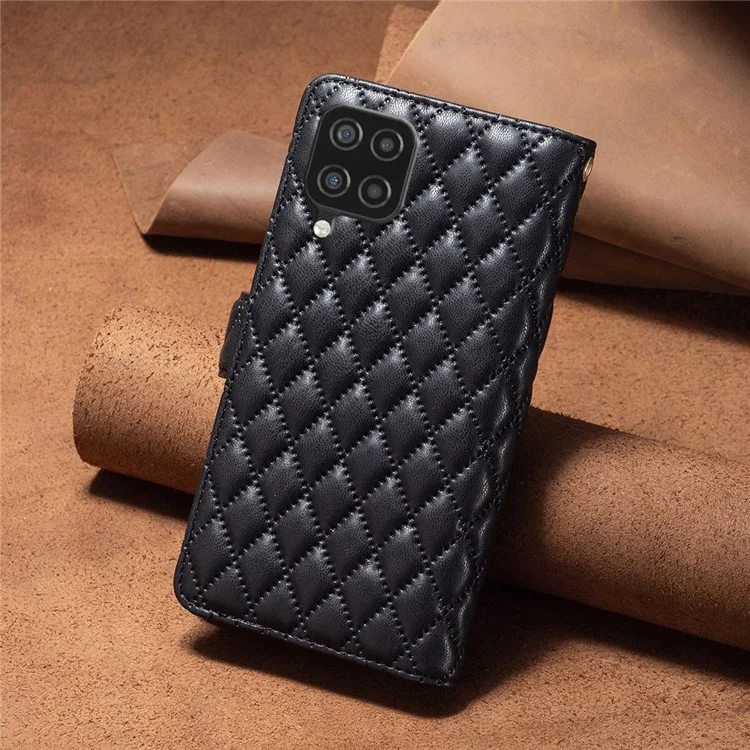 BINFEN COLOR for Samsung Galaxy A12 BF Style-15 Imprinted Rhombus Pattern Magnetic Clasp Protective Case with Zipper Pocket Stand Matte PU Leather Wallet Cover - Black