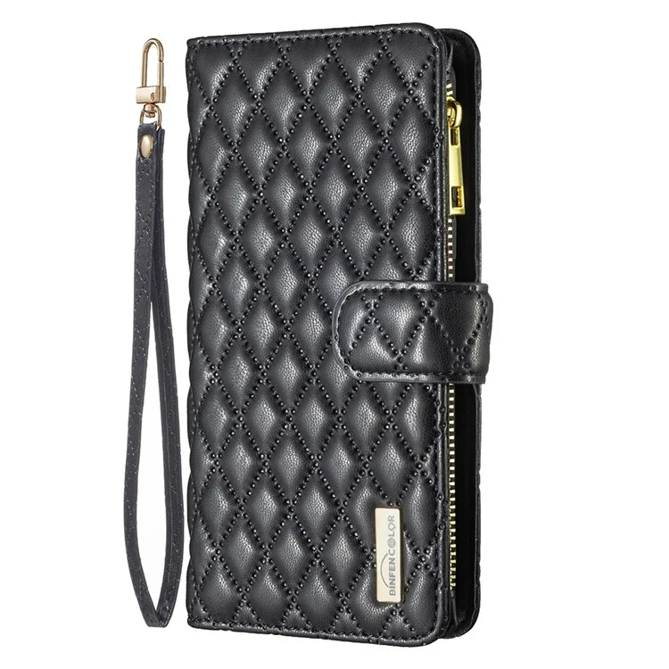 BINFEN COLOR for Samsung Galaxy A12 BF Style-15 Imprinted Rhombus Pattern Magnetic Clasp Protective Case with Zipper Pocket Stand Matte PU Leather Wallet Cover - Black