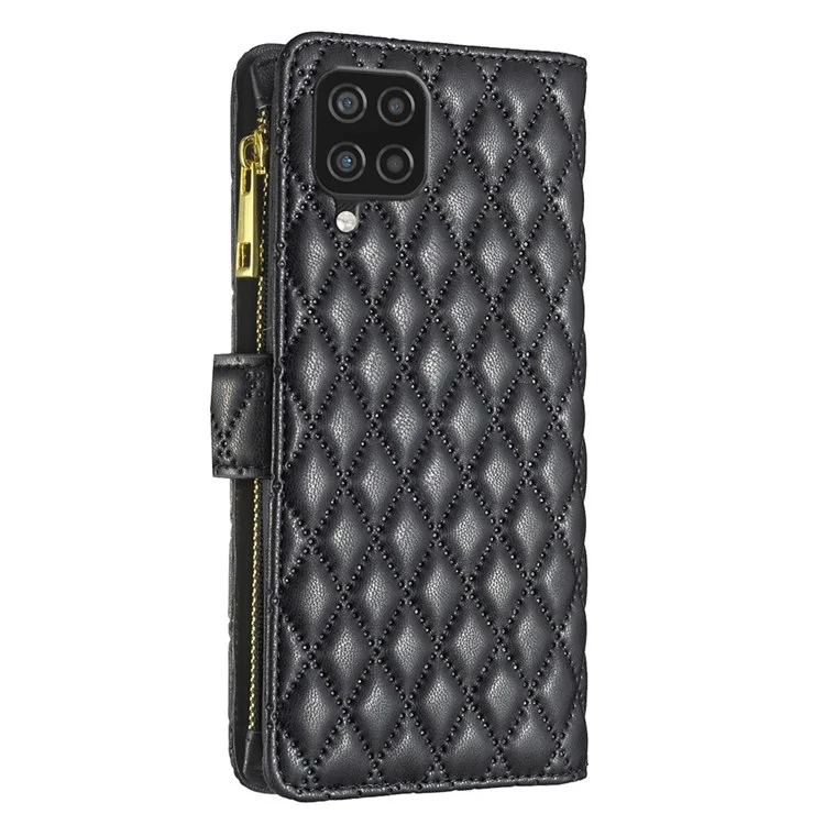 BINFEN COLOR for Samsung Galaxy A12 BF Style-15 Imprinted Rhombus Pattern Magnetic Clasp Protective Case with Zipper Pocket Stand Matte PU Leather Wallet Cover - Black