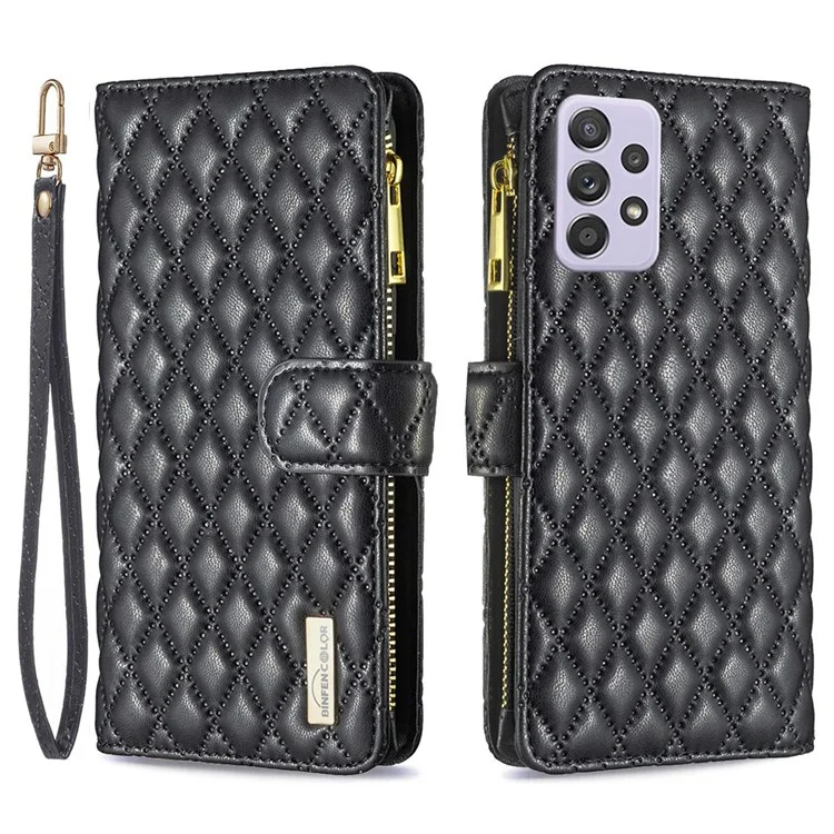 BINFEN COLOR para Samsung Galaxy A52 4G / 5G / A52s 5G BF Style-15 Capa Protetora Estampada com Padrão de Losango e Bolso com Zíper, Suporte, Couro PU Fosco - Preto