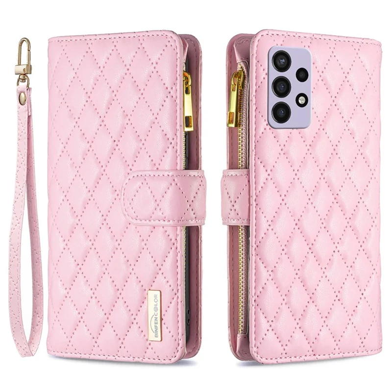 BINFEN COLOR for Samsung Galaxy A72 4G / 5G BF Style-15 Impact Resistant Imprinted Rhombus Pattern Case with Zipper Pocket Stand Matte PU Leather Wallet Cover - Pink