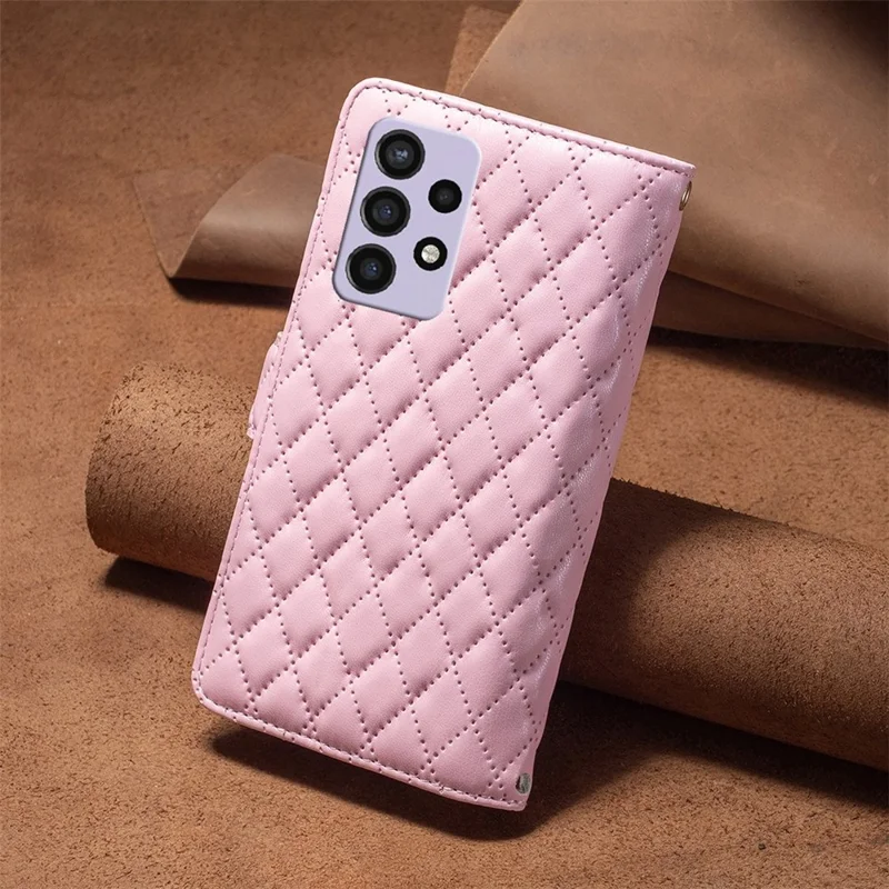 BINFEN COLOR for Samsung Galaxy A72 4G / 5G BF Style-15 Impact Resistant Imprinted Rhombus Pattern Case with Zipper Pocket Stand Matte PU Leather Wallet Cover - Pink