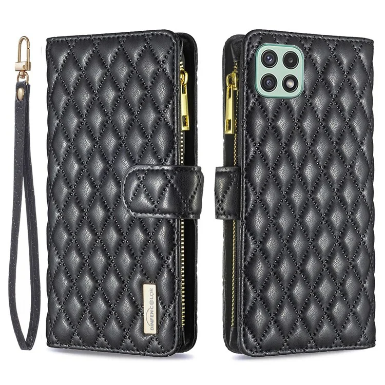 BINFEN COLOR per Samsung Galaxy A22 5G (versione EU) BF Style-15 Custodia con motivo a rombo impresso con tasca con cerniera, supporto orizzontale, in pelle sintetica opaca - Nero