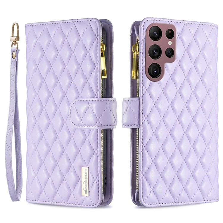 Binfen Colore Per Samsung Galaxy S22 Ultra 5G BF Style-15 Custodia Rhombus Exprinted Rhombus Con Copertina di Portafoglio di Cuoio Per Visione Tascabile Con Cerniera - Viola